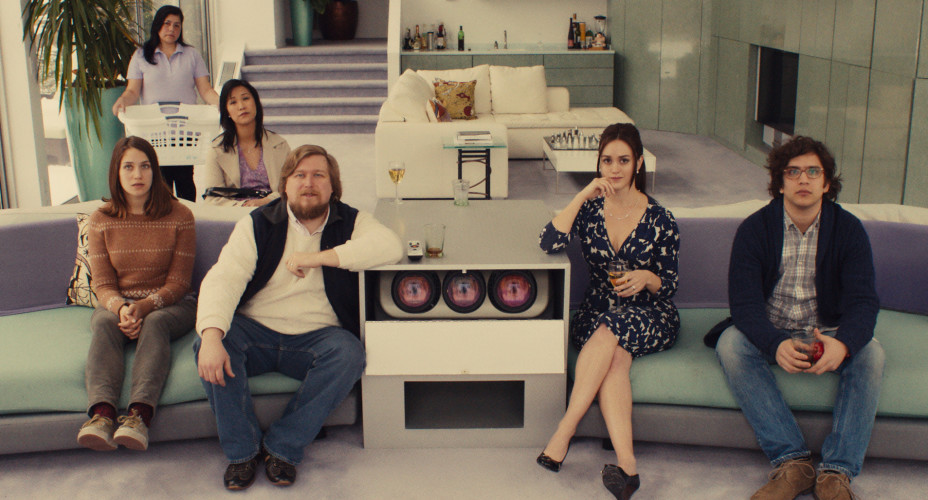 This photo provided by Fox Searchlight Pictures shows, Lola Kirke, from left, as Tracy, Cindy Cheung as Karen, Michael Chernus as Dylan, Heather Lind as Mamie-Claire and Matthew Shear as Tony in a scene from "Mistress America." (Fox Searchlight Pictures via AP)